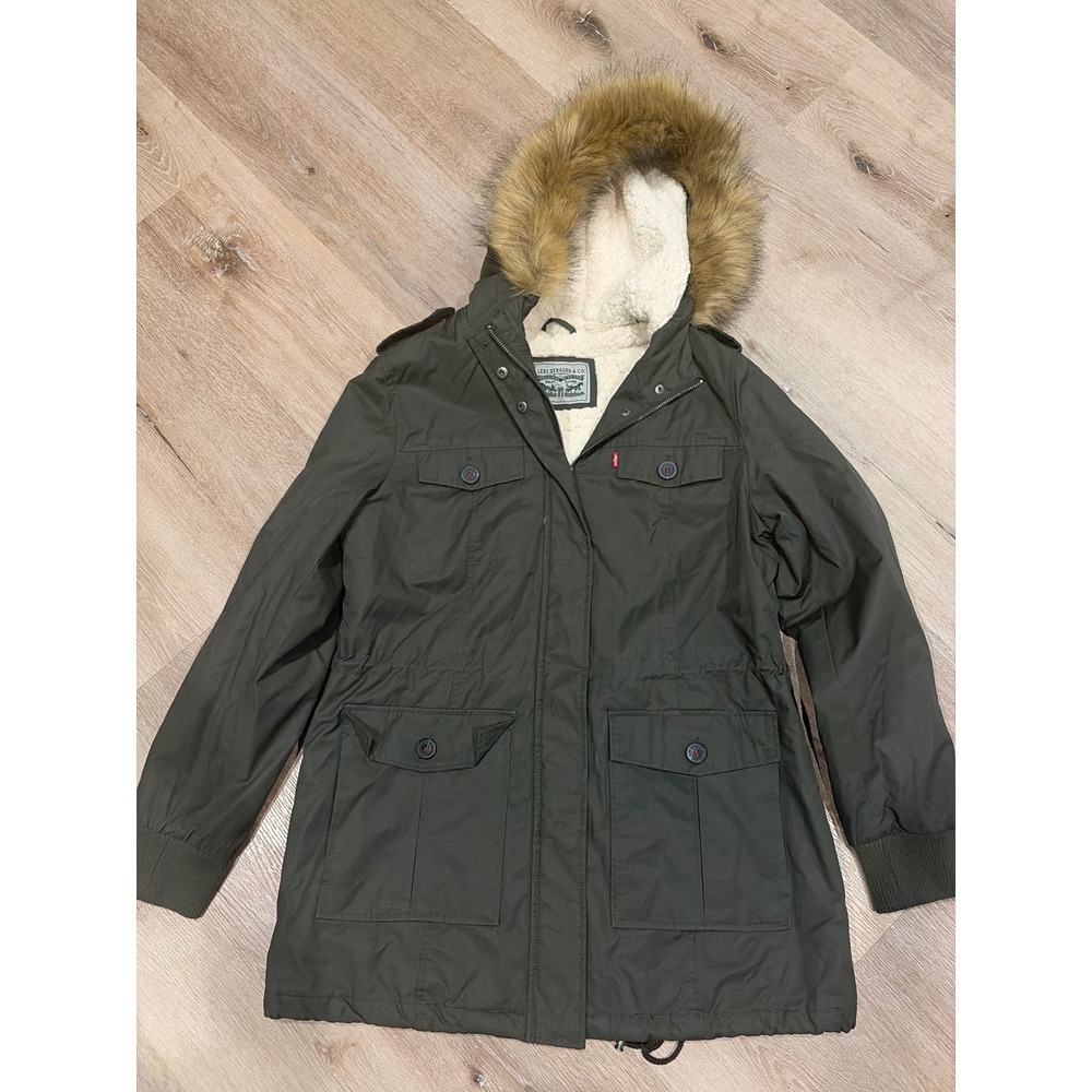 Levis Womens Olive Green Sherpa Lined Parka Jacket Faux Fur Hood Size Large